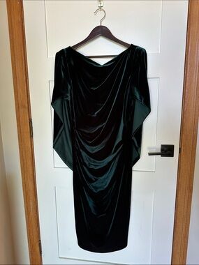 NWT Dark Green Velvet Draped Midi Dress